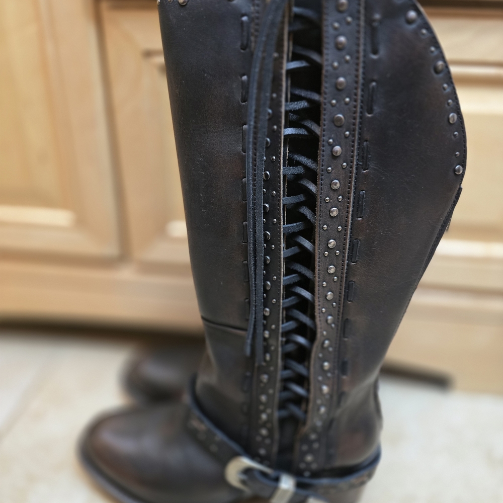 Freebird distressed black Contour boots. Side lacing with buckle accent - Picture 6 of 9